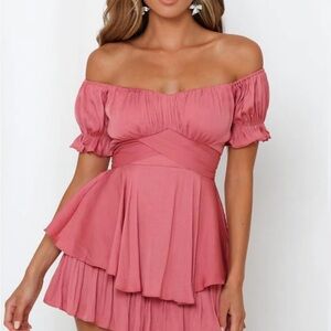 New ELEGANT OFF SHOULDER ROSE SATIN TIE-UP RUFFLE ROMPER 
Selfie Leslie